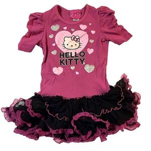 Hello Kitty Tutu Dress Girls 6X Pink Black Heart Kawaii Puff Sleeve Tutu Skirt